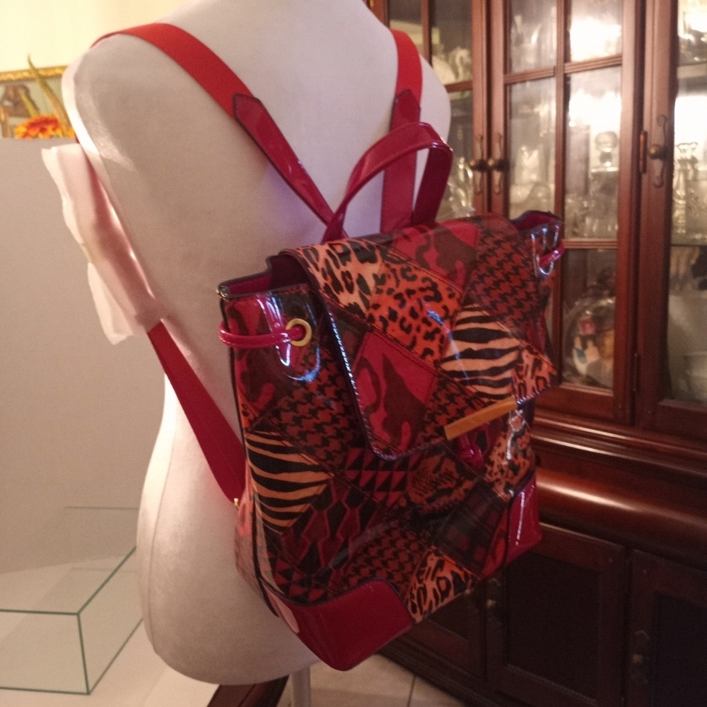 Alyssa Backpack Vegan Leather Red Geometric Shoulder School College Backpack - Picture 2 of 15